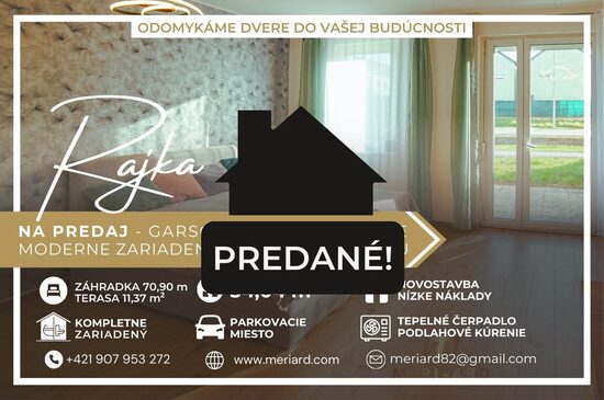 (PREDANÉ) Garsońka, kompetne a moderne zariadená, s predzahrádkou, parkovacie miesto /Rajka/