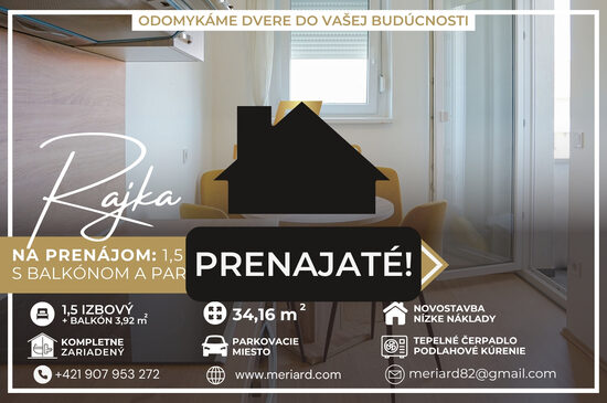 (PRENAJATÝ) Na prenájom 1,5 izbový byt, novostavba, balkón, parkovacie miesto, Rajka