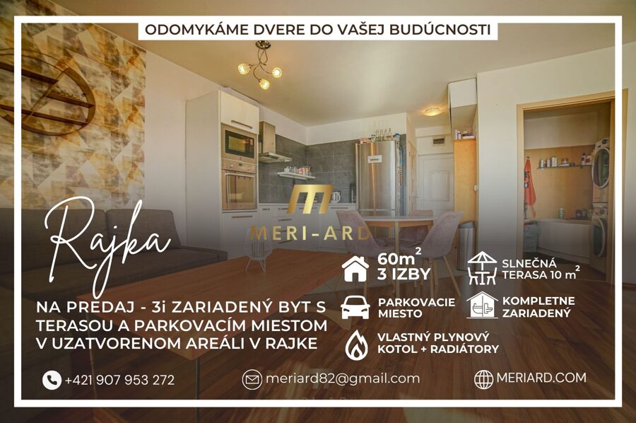 Na predaj 3 izbový byt, 60m2, terasa 10m2, parkovacie miesto /Rajka/