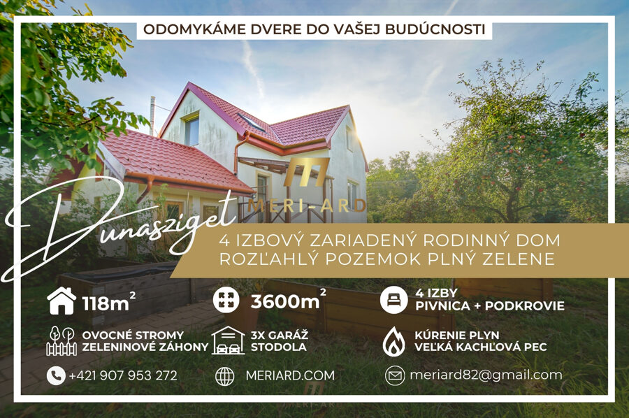 4 izbový rodinný dom, podkrovie, pivnica, veľký 3600m pozemok  /Dunasziget/