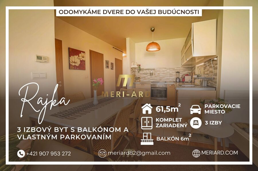 Na predaj 3 izbový byt s balkónom, 61,5m2, parkovanie, komletne zariadený /Rajka/