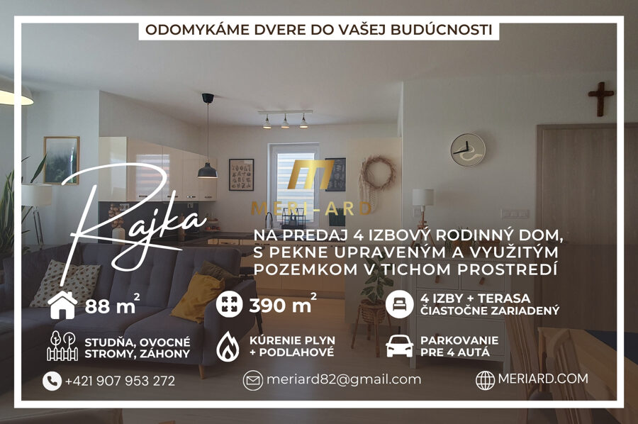 Na predaj 4 izbový rodinný dom 88m2, pozemok 390m2 /Rajka/